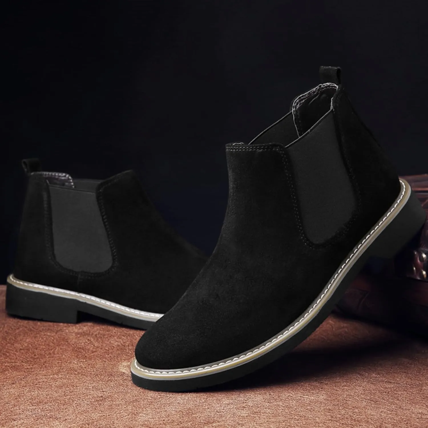 Mens Suede Leather Slip On Classic Chelsea Ankle Boots Retro Casual Low Heels Chukka Elastic Dress Boots for Walking Daily Driving