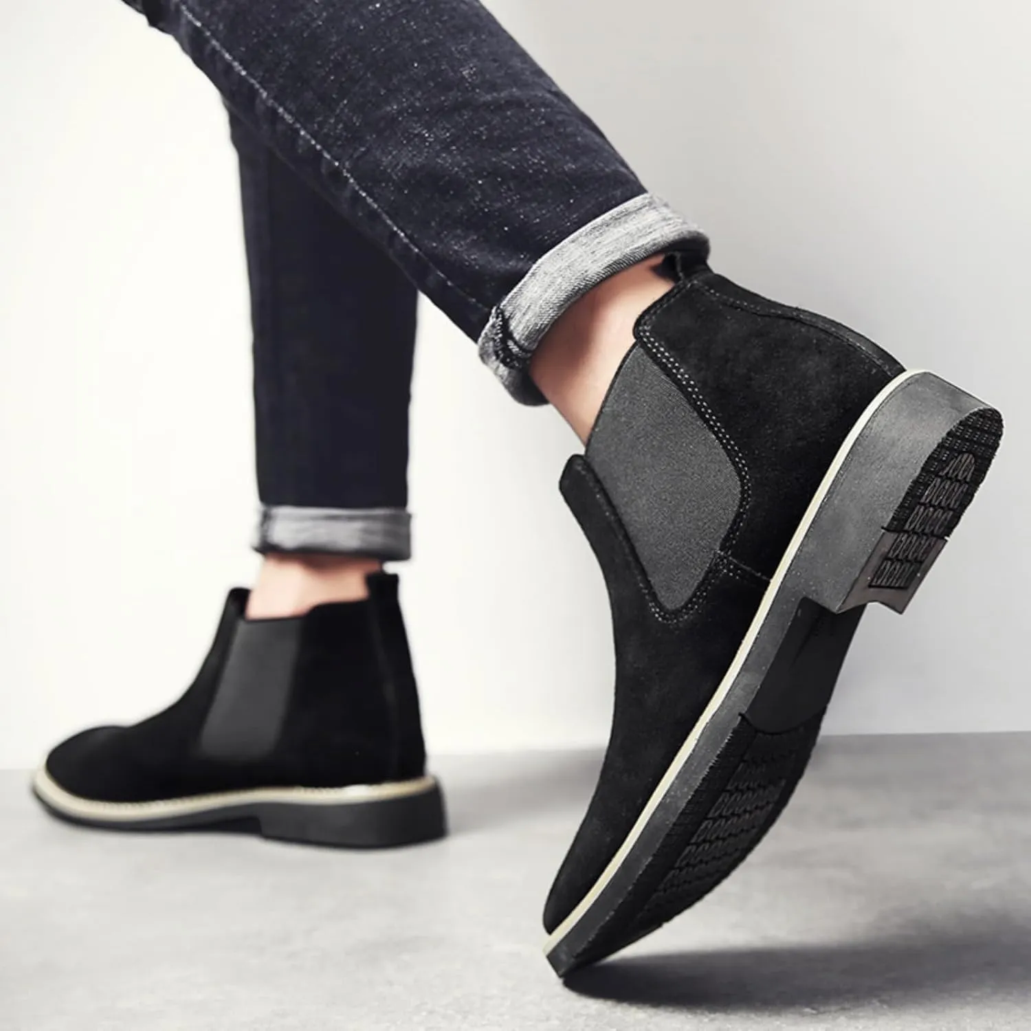 Mens Suede Leather Slip On Classic Chelsea Ankle Boots Retro Casual Low Heels Chukka Elastic Dress Boots for Walking Daily Driving