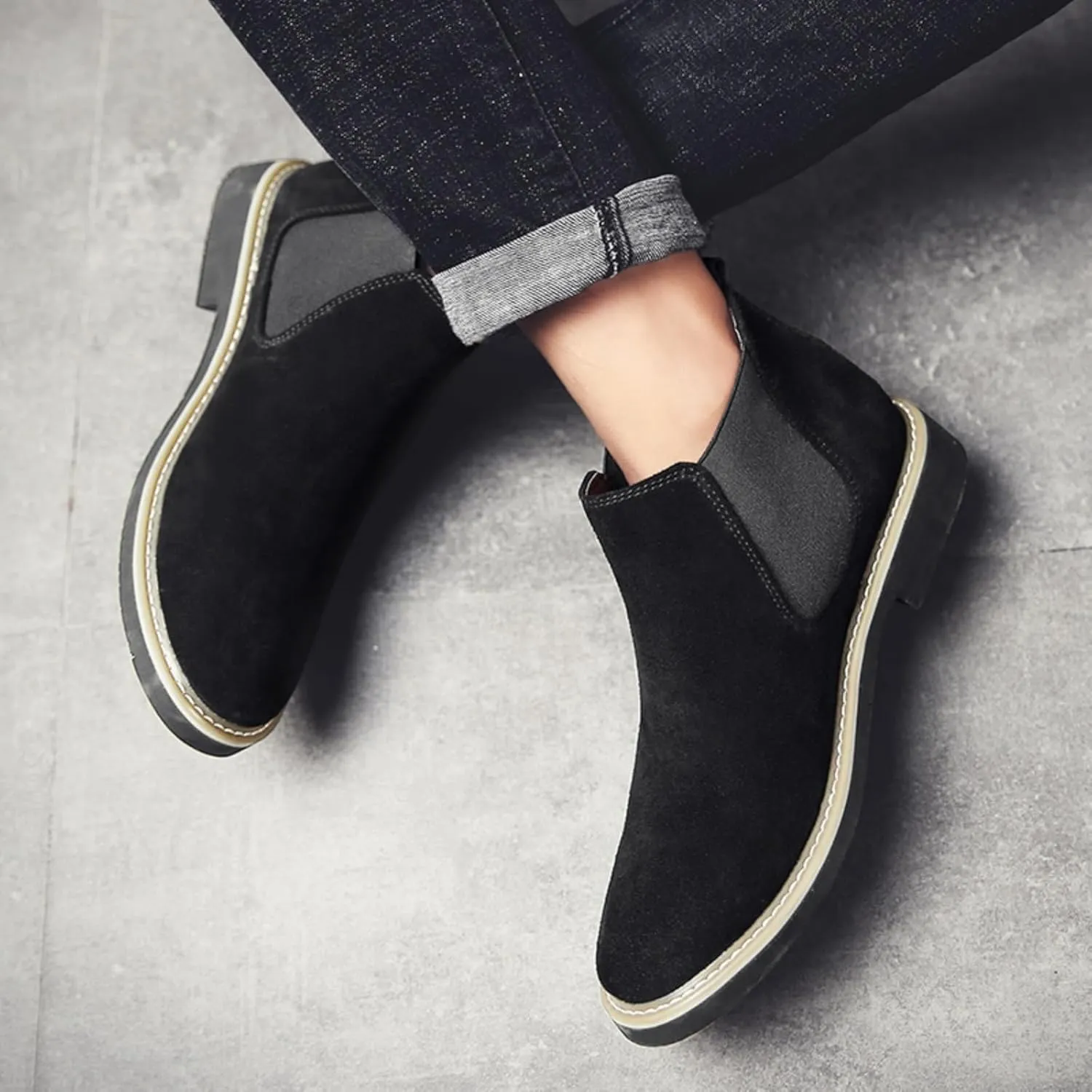 Mens Suede Leather Slip On Classic Chelsea Ankle Boots Retro Casual Low Heels Chukka Elastic Dress Boots for Walking Daily Driving