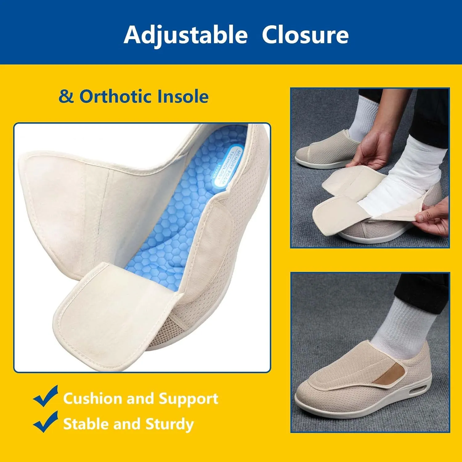 Men's Wide Width Shoes with Adjustable Closure Lightweight,with Removable Memory Foam Insoles Lightweight for Seniors Swollen Feet Men 7.5/Women 9