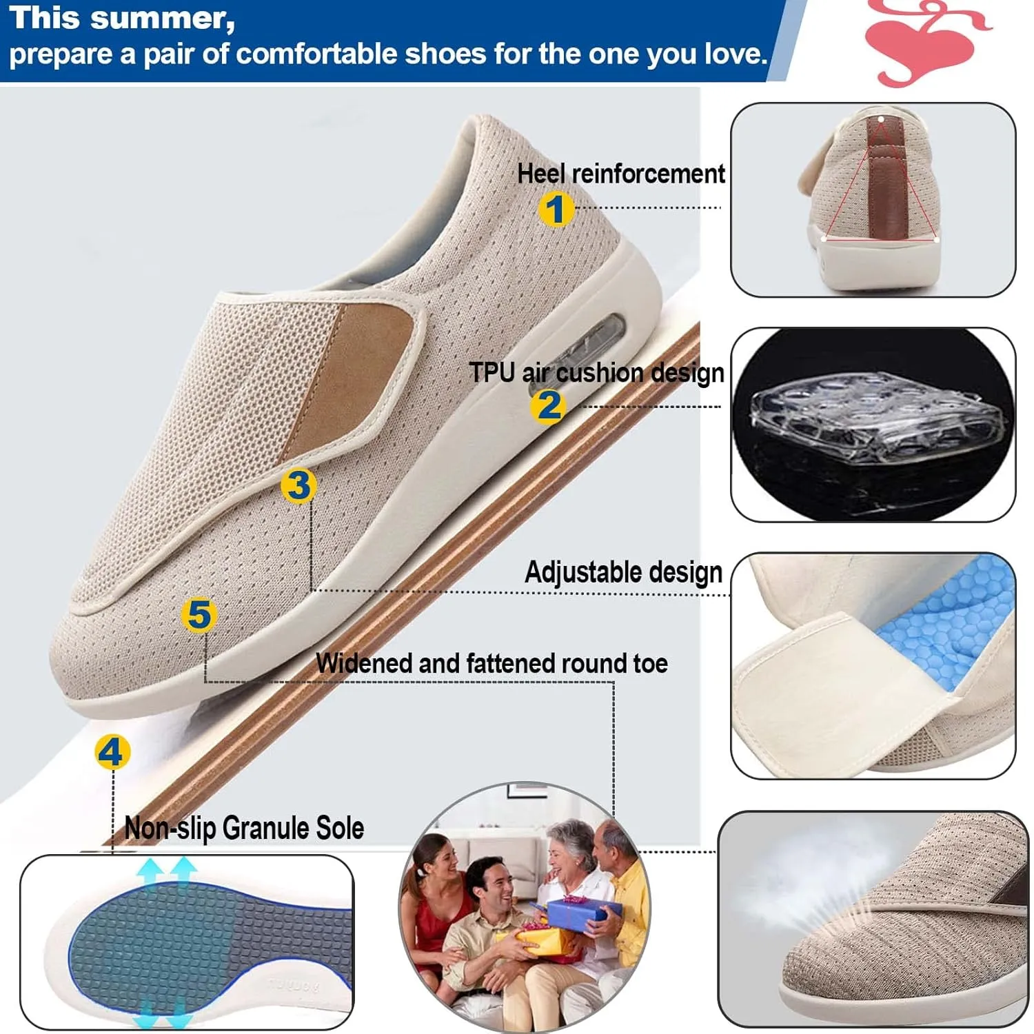 Men's Wide Width Shoes with Adjustable Closure Lightweight,with Removable Memory Foam Insoles Lightweight for Seniors Swollen Feet Men 7.5/Women 9
