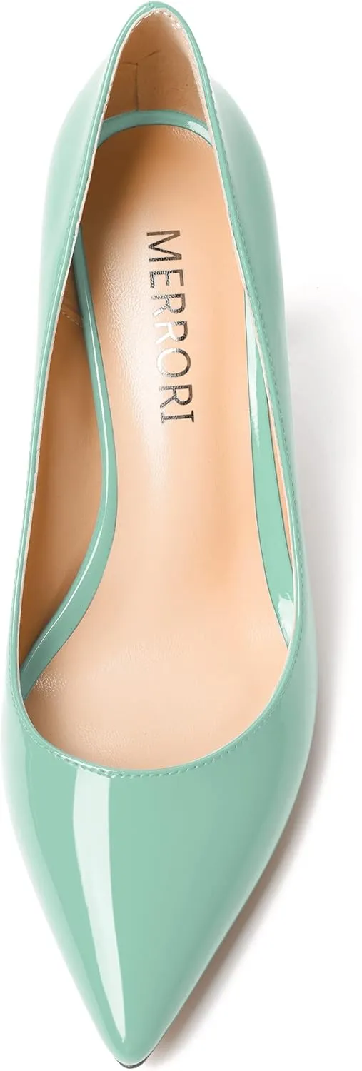 MERRORI Women's Heels Slip On Dress Patent Dating Solid Pointed Toe Stiletto High Heel Pumps Shoes 3.3 Inch