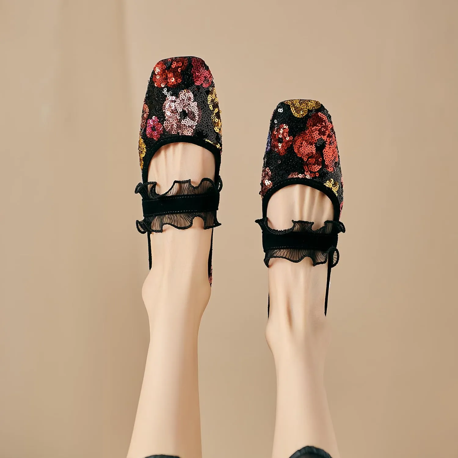 Mesh Mary Jane Ballet Flats Women Sequins Flower Square Toe Flats Ladies Comfortable Embroidered Slip on Soft Ballerina Shoes