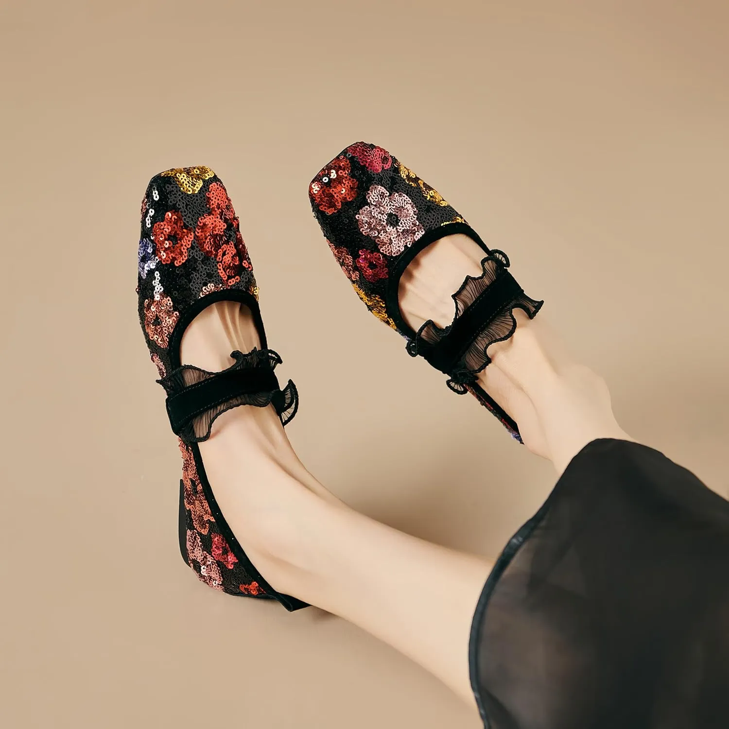Mesh Mary Jane Ballet Flats Women Sequins Flower Square Toe Flats Ladies Comfortable Embroidered Slip on Soft Ballerina Shoes