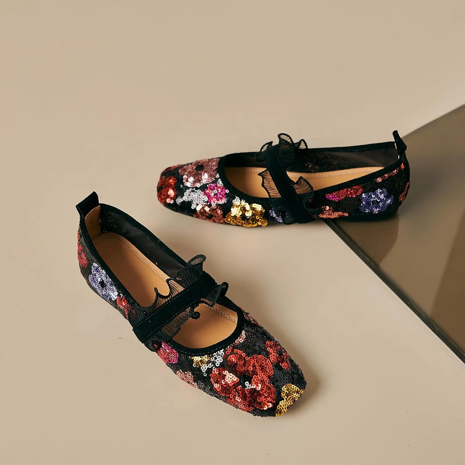 Mesh Mary Jane Ballet Flats Women Sequins Flower Square Toe Flats Ladies Comfortable Embroidered Slip on Soft Ballerina Shoes