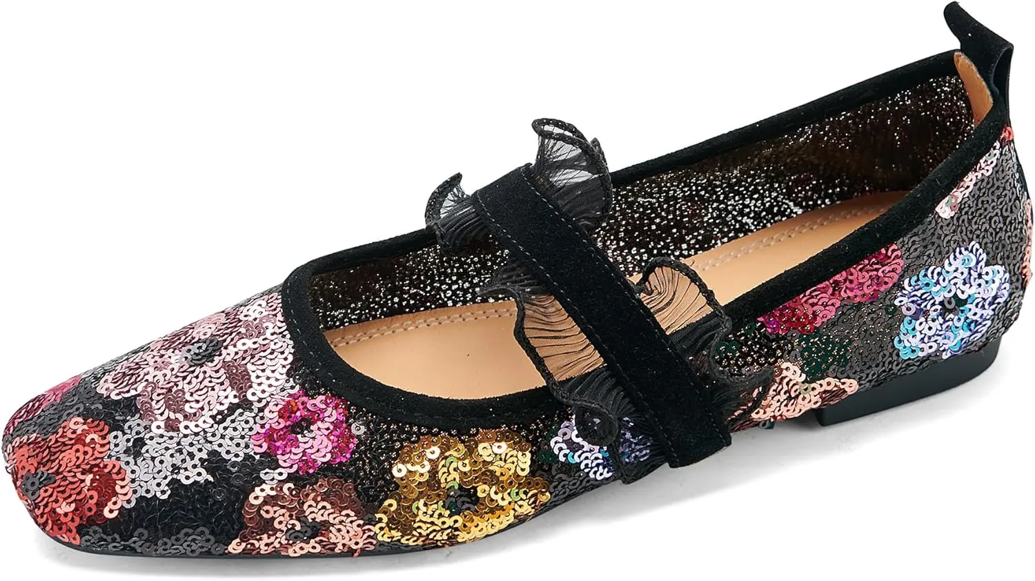 Mesh Mary Jane Ballet Flats Women Sequins Flower Square Toe Flats Ladies Comfortable Embroidered Slip on Soft Ballerina Shoes