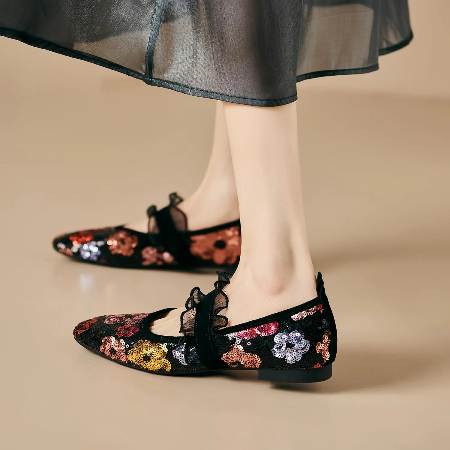 Mesh Mary Jane Ballet Flats Women Sequins Flower Square Toe Flats Ladies Comfortable Embroidered Slip on Soft Ballerina Shoes