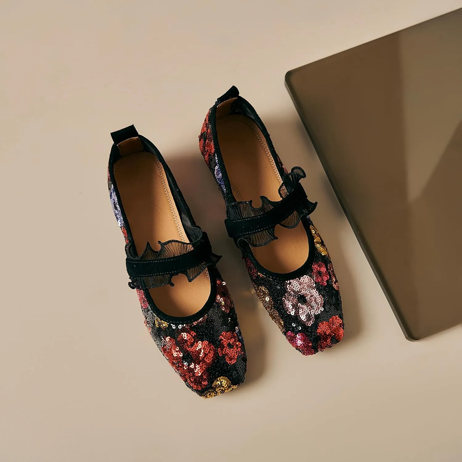 Mesh Mary Jane Ballet Flats Women Sequins Flower Square Toe Flats Ladies Comfortable Embroidered Slip on Soft Ballerina Shoes
