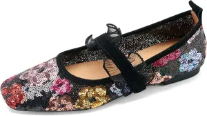 Mesh Mary Jane Ballet Flats Women Sequins Flower Square Toe Flats Ladies Comfortable Embroidered Slip on Soft Ballerina Shoes