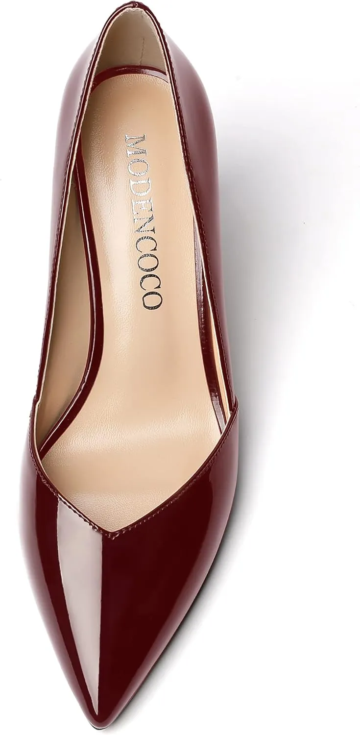 MODENCOCO Women's Pointed Toe Slip On Patent Cut Out Block High Heel Pumps Shoes 3.5 Inch