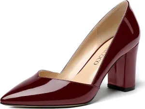 MODENCOCO Women's Pointed Toe Slip On Patent Cut Out Block High Heel Pumps Shoes 3.5 Inch