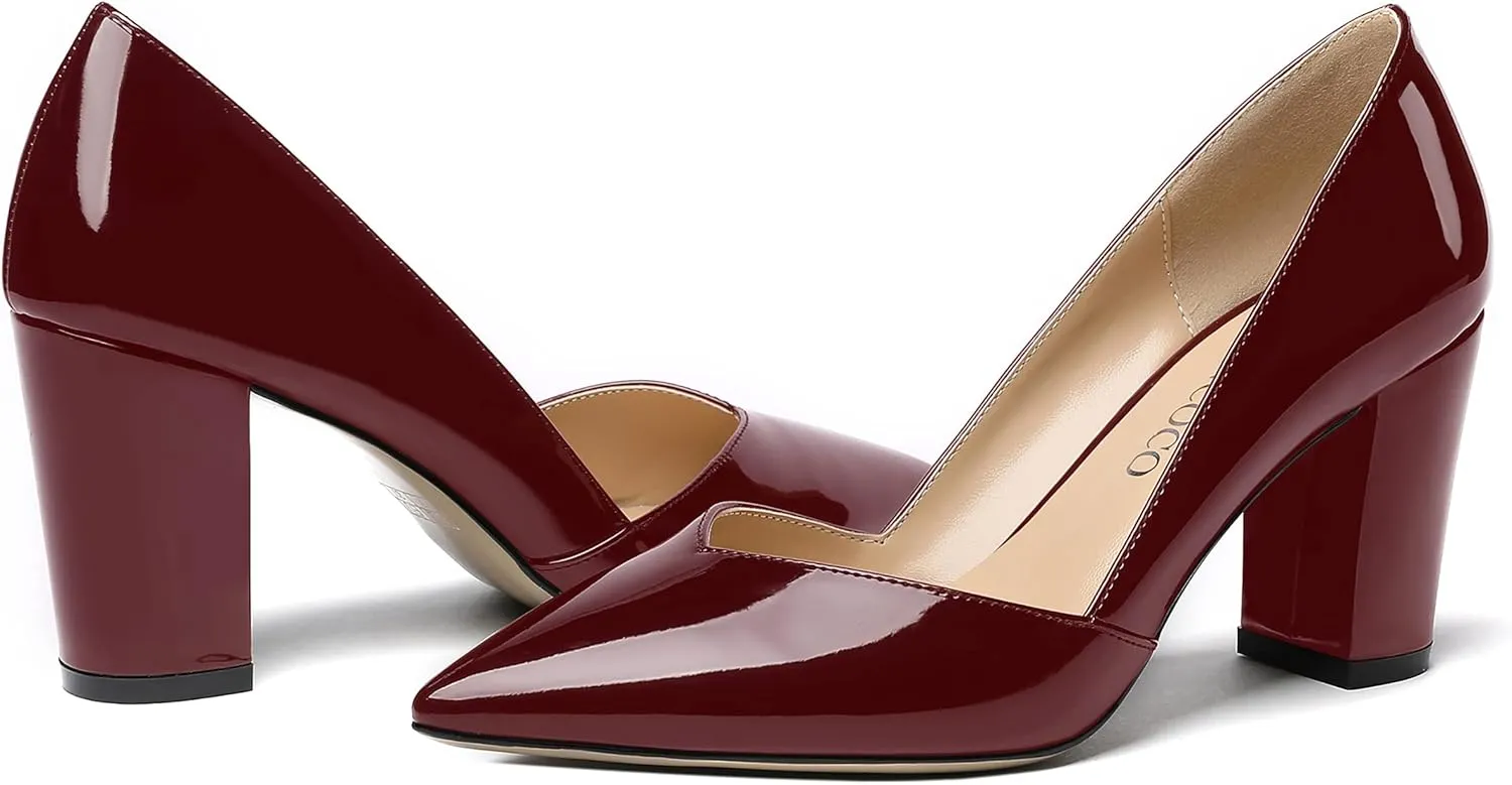 MODENCOCO Women's Pointed Toe Slip On Patent Cut Out Block High Heel Pumps Shoes 3.5 Inch
