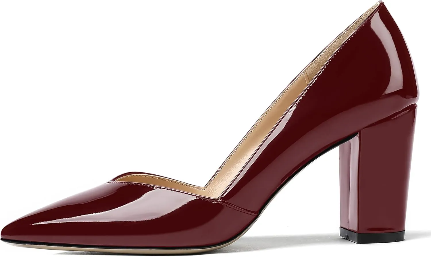 MODENCOCO Women's Pointed Toe Slip On Patent Cut Out Block High Heel Pumps Shoes 3.5 Inch