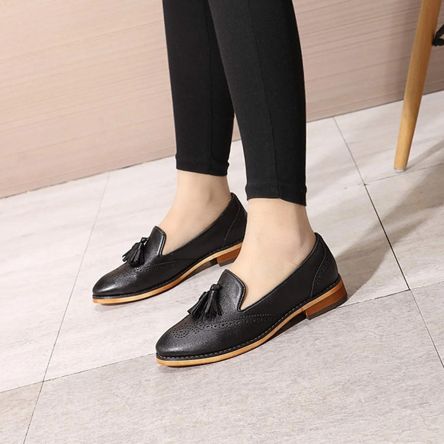 Mona flying Women's Leather Tassel Loafer Slip on Wingtip Brogue Dress Casual Flat Office Work Shoes for Ladies