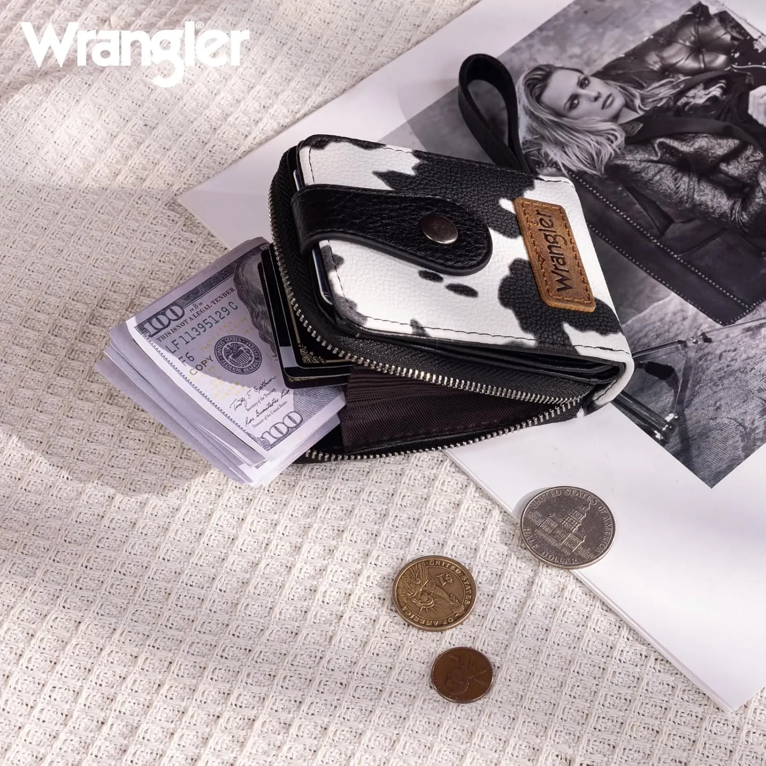 Montana West X Wrangler Cow Print Wallet Women Small Credit Card Holder with Rfid Blocking Zip Credit Card Case,Compact & Easy to Carry Gifts for Women