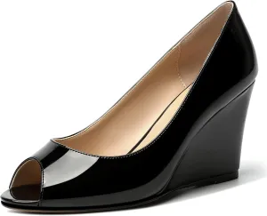 MOVINSTEPS Womens Slip On Work Patent Peep Toe Fashion Wedge High Heel Pumps Shoes 3.3 Inch