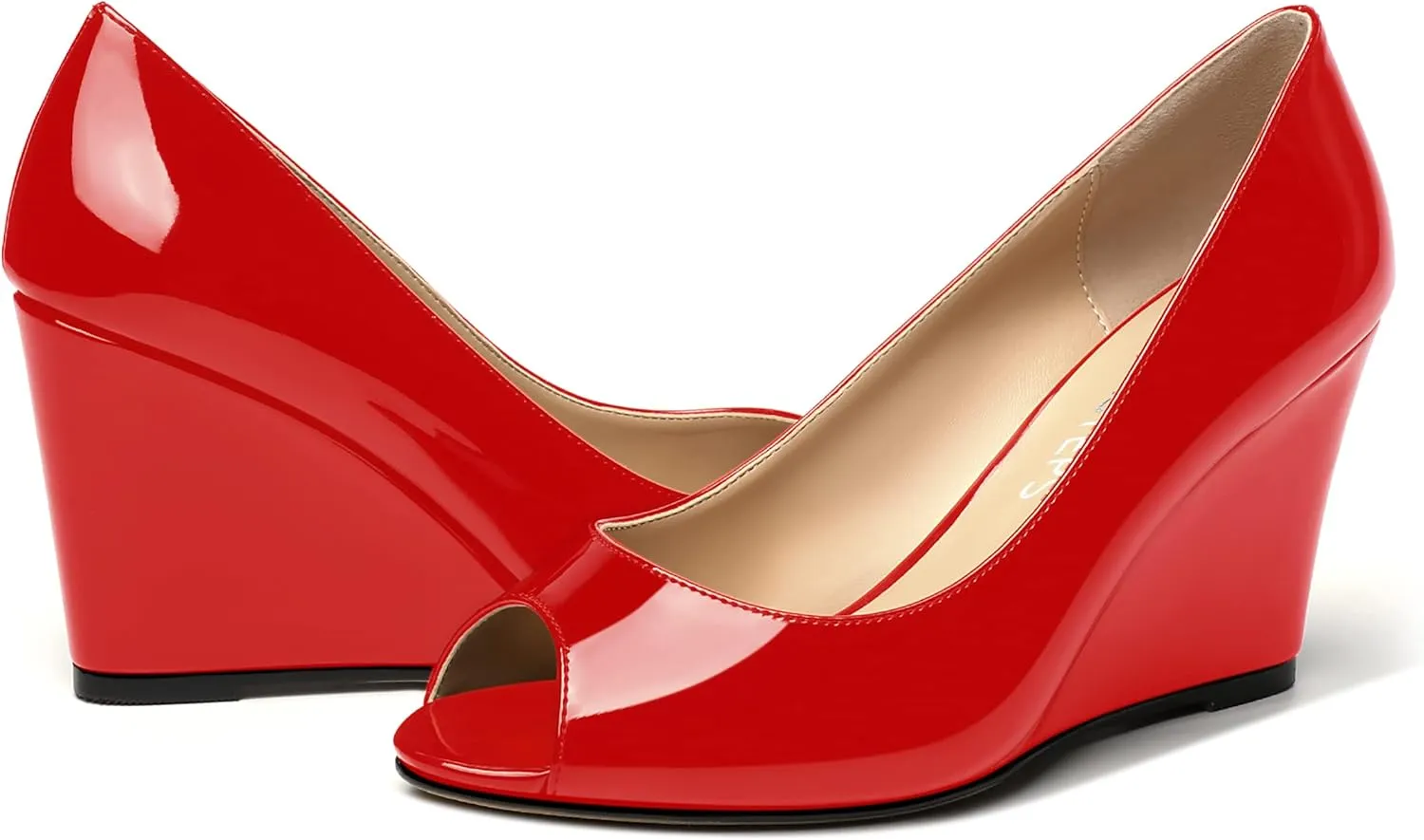 MOVINSTEPS Womens Slip On Work Patent Peep Toe Fashion Wedge High Heel Pumps Shoes 3.3 Inch