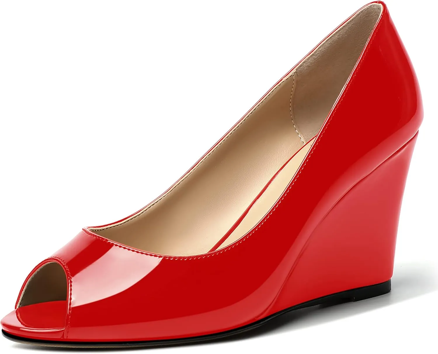 MOVINSTEPS Womens Slip On Work Patent Peep Toe Fashion Wedge High Heel Pumps Shoes 3.3 Inch