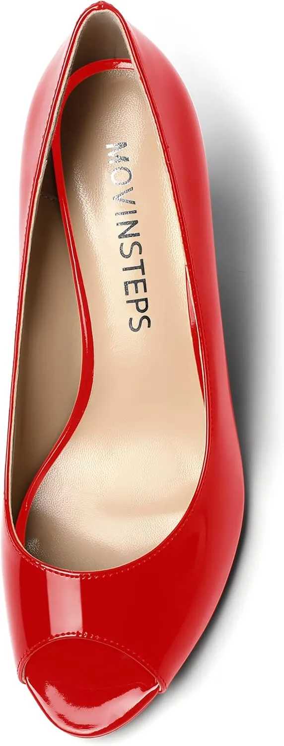 MOVINSTEPS Womens Slip On Work Patent Peep Toe Fashion Wedge High Heel Pumps Shoes 3.3 Inch