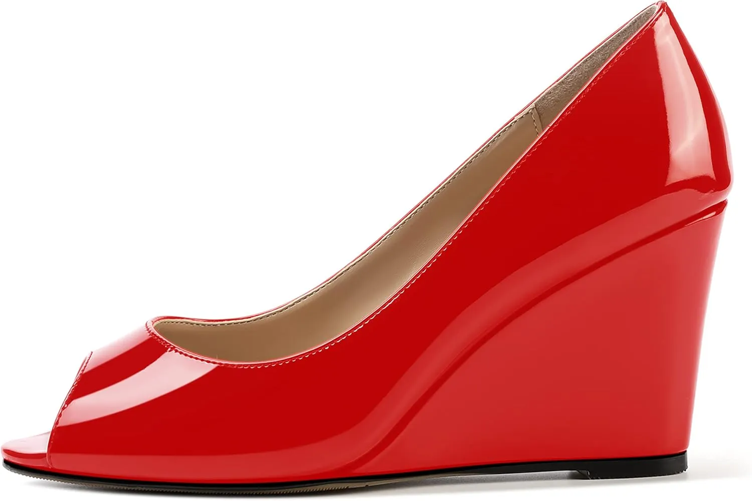 MOVINSTEPS Womens Slip On Work Patent Peep Toe Fashion Wedge High Heel Pumps Shoes 3.3 Inch
