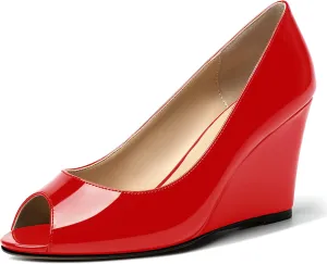 MOVINSTEPS Womens Slip On Work Patent Peep Toe Fashion Wedge High Heel Pumps Shoes 3.3 Inch