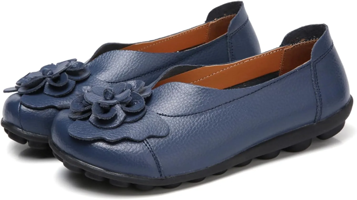 NEKGNL Women's Genuine Leather Flowers Loafers Comfortable Round Toe Soft Bottom Slip On Driving Flats Lightweight Non-Slip Mom Nurse Walking Shoes