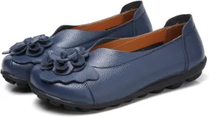 NEKGNL Women's Genuine Leather Flowers Loafers Comfortable Round Toe Soft Bottom Slip On Driving Flats Lightweight Non-Slip Mom Nurse Walking Shoes