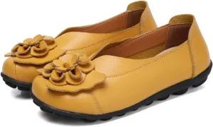 NEKGNL Women's Genuine Leather Flowers Loafers Comfortable Round Toe Soft Bottom Slip On Driving Flats Lightweight Non-Slip Mom Nurse Walking Shoes