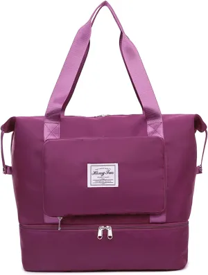 New Foldable Dry/Wet Separation Travel Duffel Bag with Shoe Compartment Large Capacity Folding Weekender Overnight Bag Lightweight Waterproof Gym Tote Bag (F-Fuchsia)