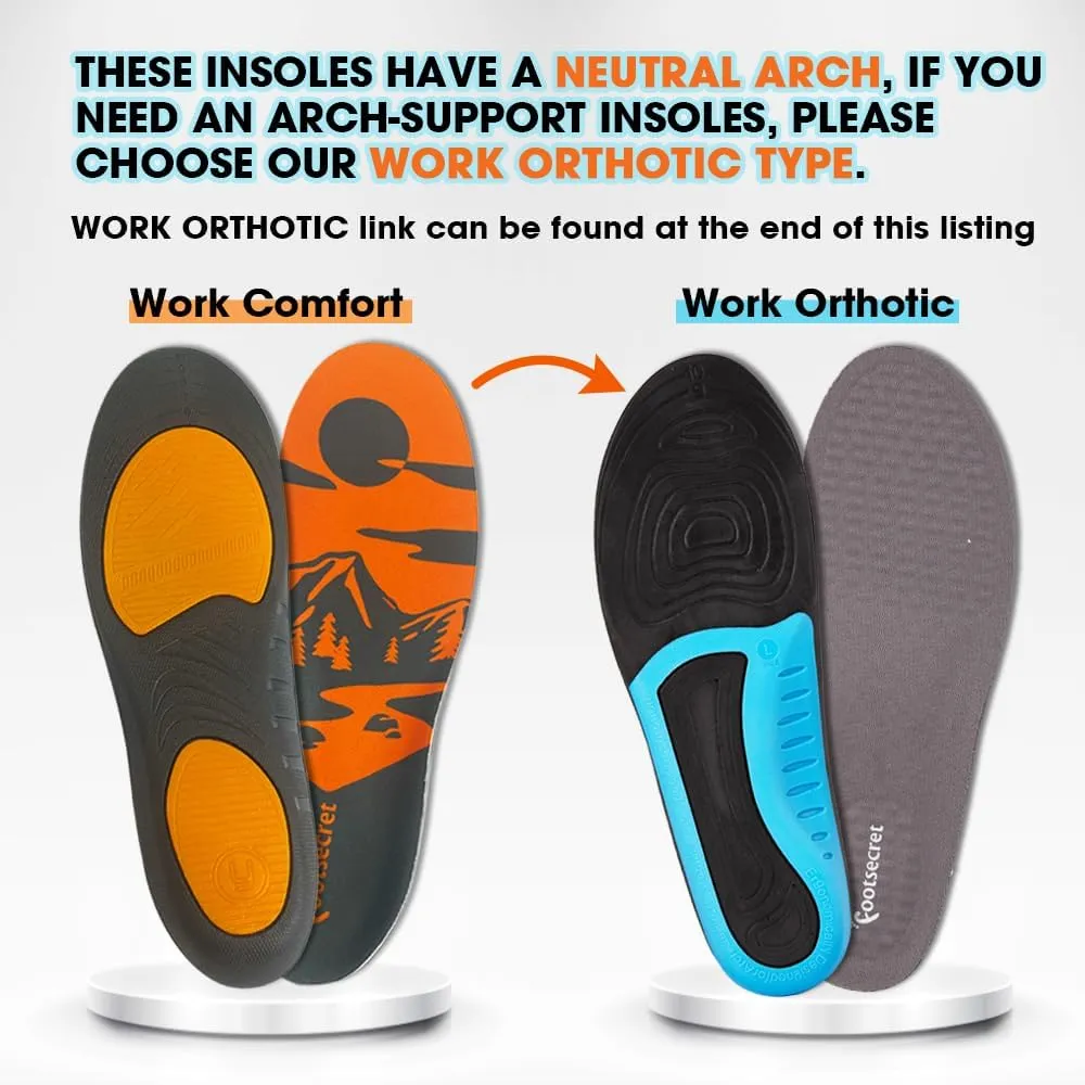 (New) FOOTSECRET Work Boot Comfort Insoles, Extra Shock Absorption and Anti Fatigue for Long time Standing or Walking, Neutarl Arch (M: Man Size, Orange)