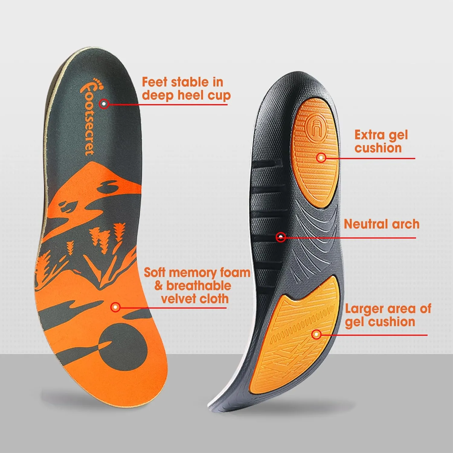 (New) FOOTSECRET Work Boot Comfort Insoles, Extra Shock Absorption and Anti Fatigue for Long time Standing or Walking, Neutarl Arch (M: Man Size, Orange)
