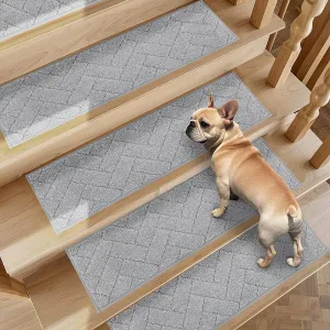 Non-Slip Stair Treads for Wooden Steps Indoor, 4 Pack 9" X 28" Edging Stair Runner with TPE Backing, 0.4" Thick Stair Rugs for Kids Elders & Pets, 100% Polyester Soft Carpet Stair Mats, Light Grey