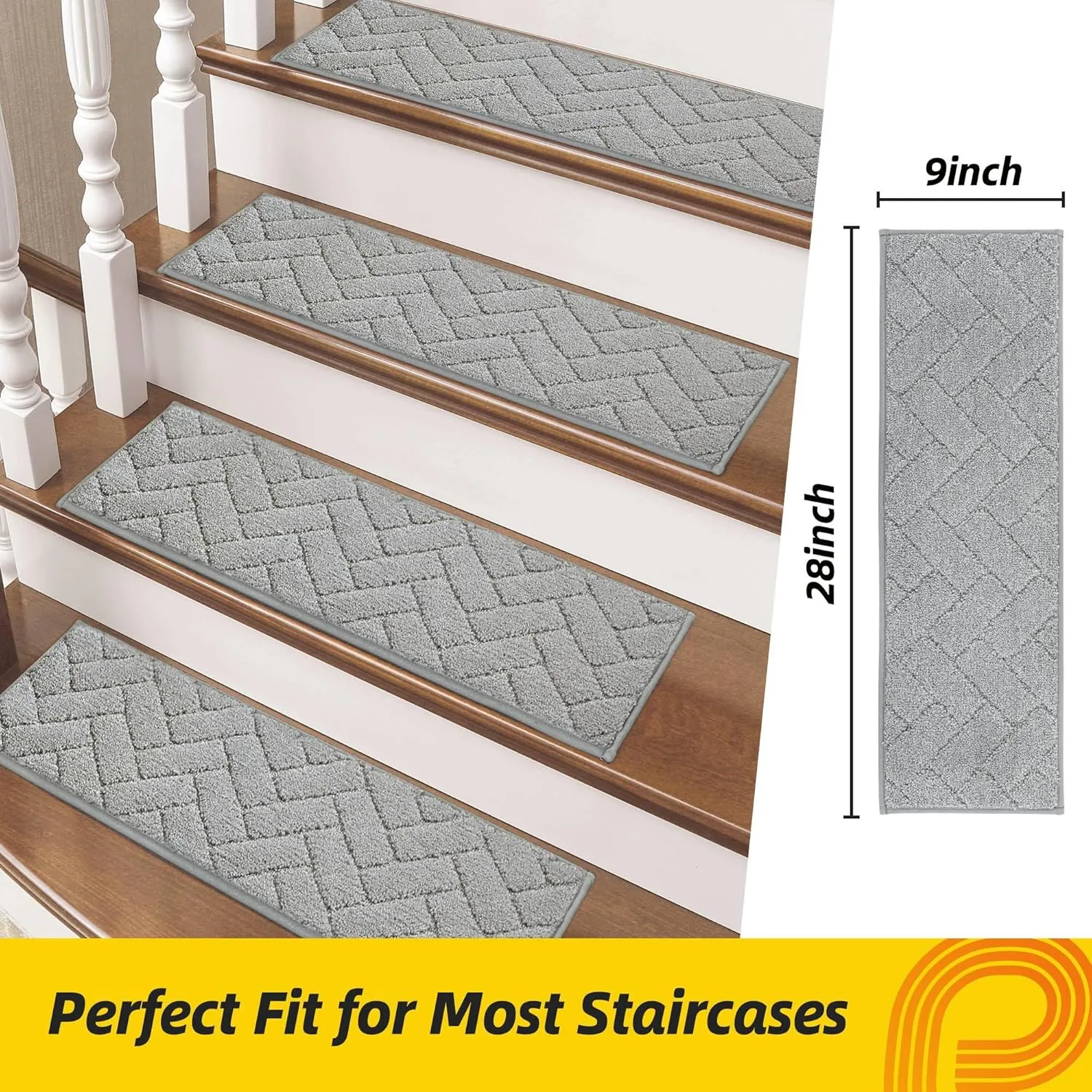 Non-Slip Stair Treads for Wooden Steps Indoor, 4 Pack 9" X 28" Edging Stair Runner with TPE Backing, 0.4" Thick Stair Rugs for Kids Elders & Pets, 100% Polyester Soft Carpet Stair Mats, Light Grey