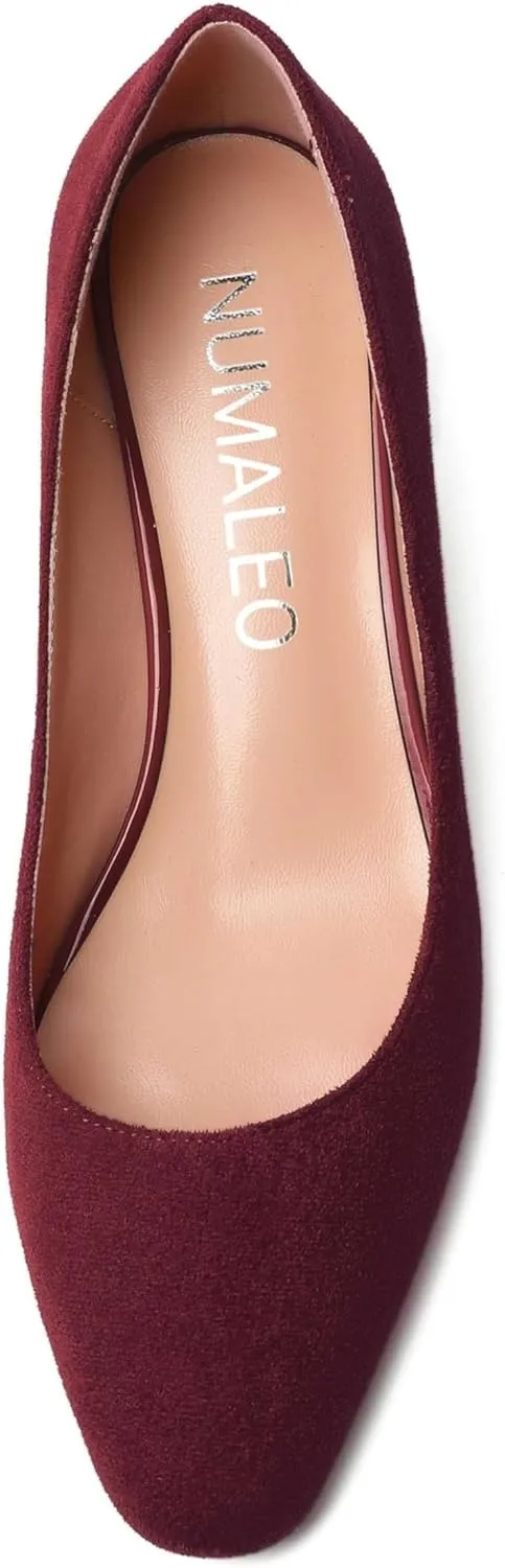 NUMALEO Womens Suede Solid Office Square Toe Slip On Casual Chunky Low Heel Pumps Shoes 2 Inch