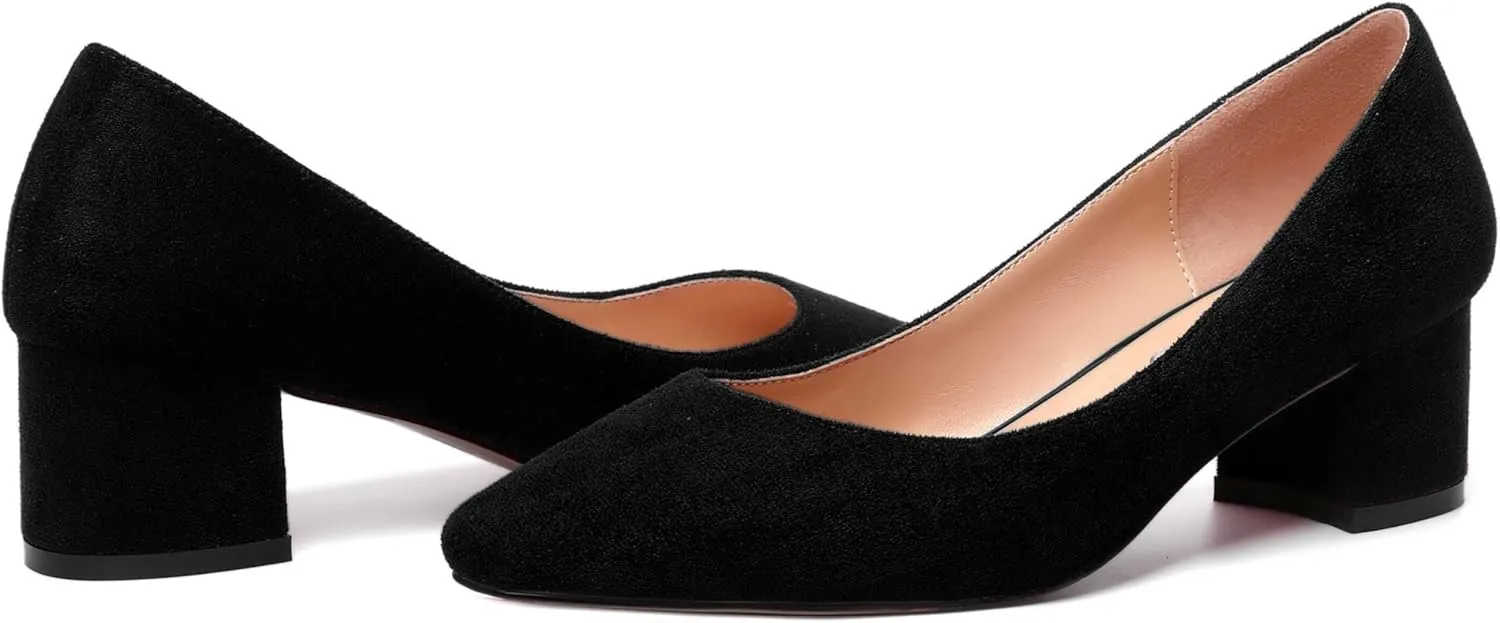 NUMALEO Womens Suede Solid Office Square Toe Slip On Casual Chunky Low Heel Pumps Shoes 2 Inch
