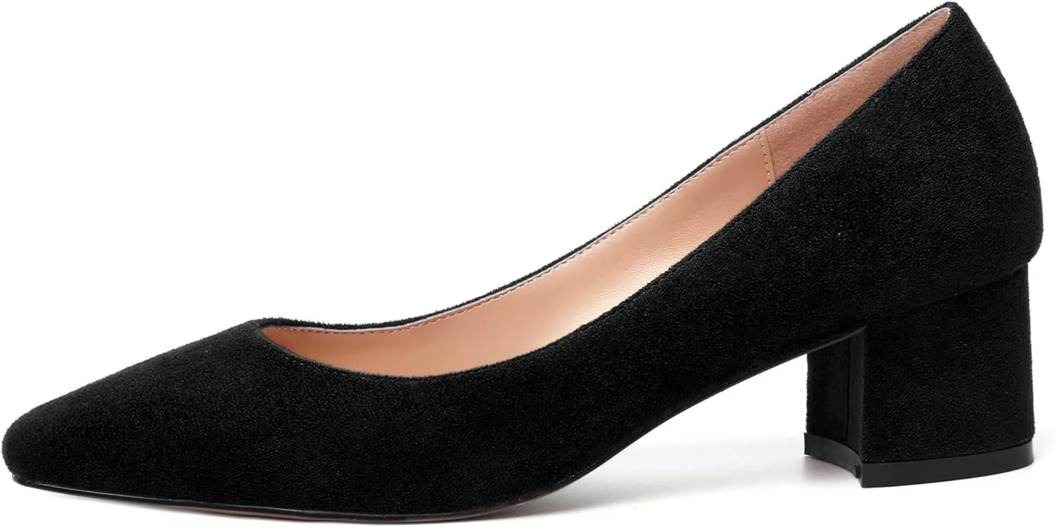 NUMALEO Womens Suede Solid Office Square Toe Slip On Casual Chunky Low Heel Pumps Shoes 2 Inch