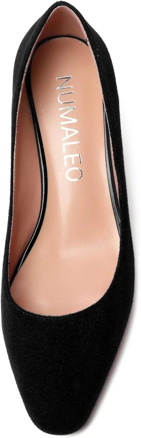 NUMALEO Womens Suede Solid Office Square Toe Slip On Casual Chunky Low Heel Pumps Shoes 2 Inch