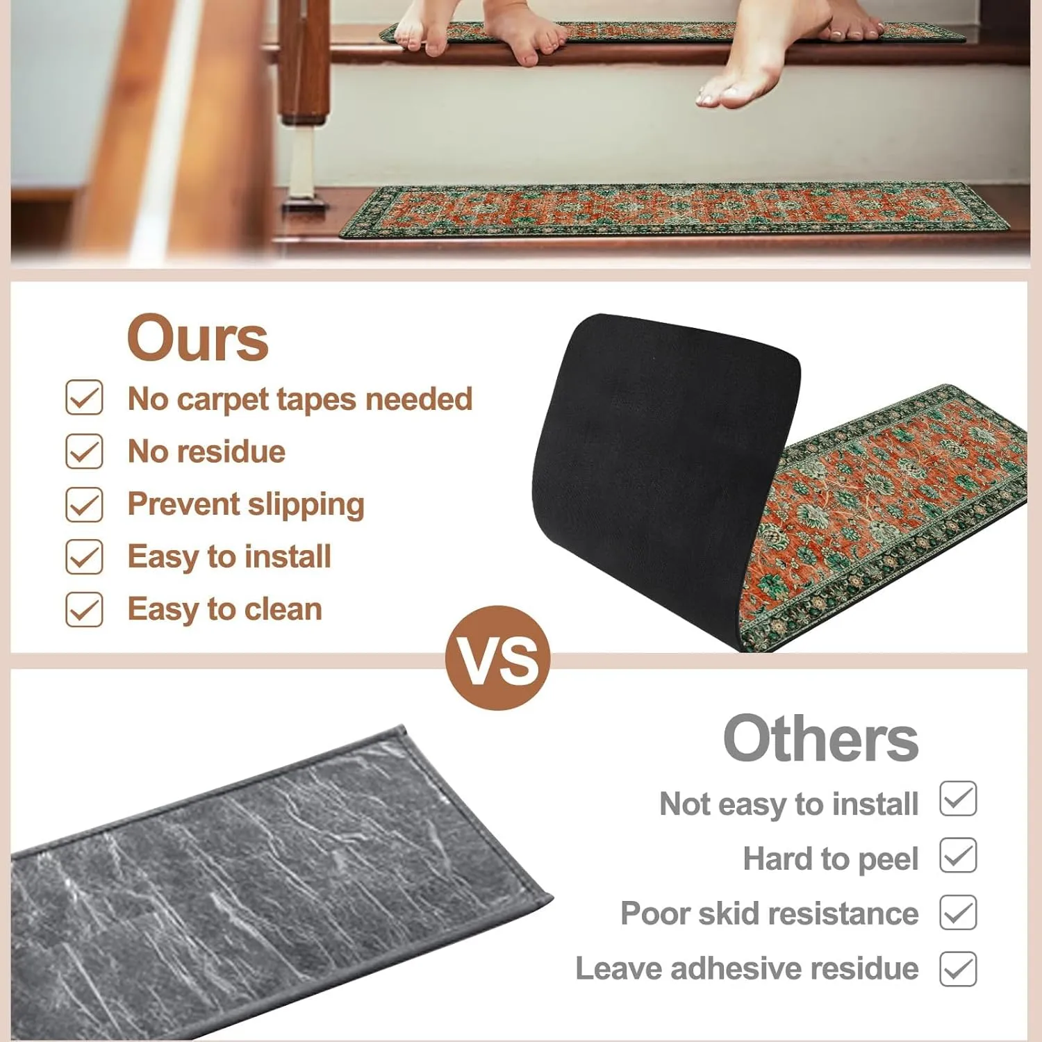 OJIA Stair Treads Non-Slip Matching Mat for Wooden Steps, Square Capet Stair Treads Rubber Backing Stair Runner Anti-Slip Stair Landing Mat 31x31 Inch Stair Rugs