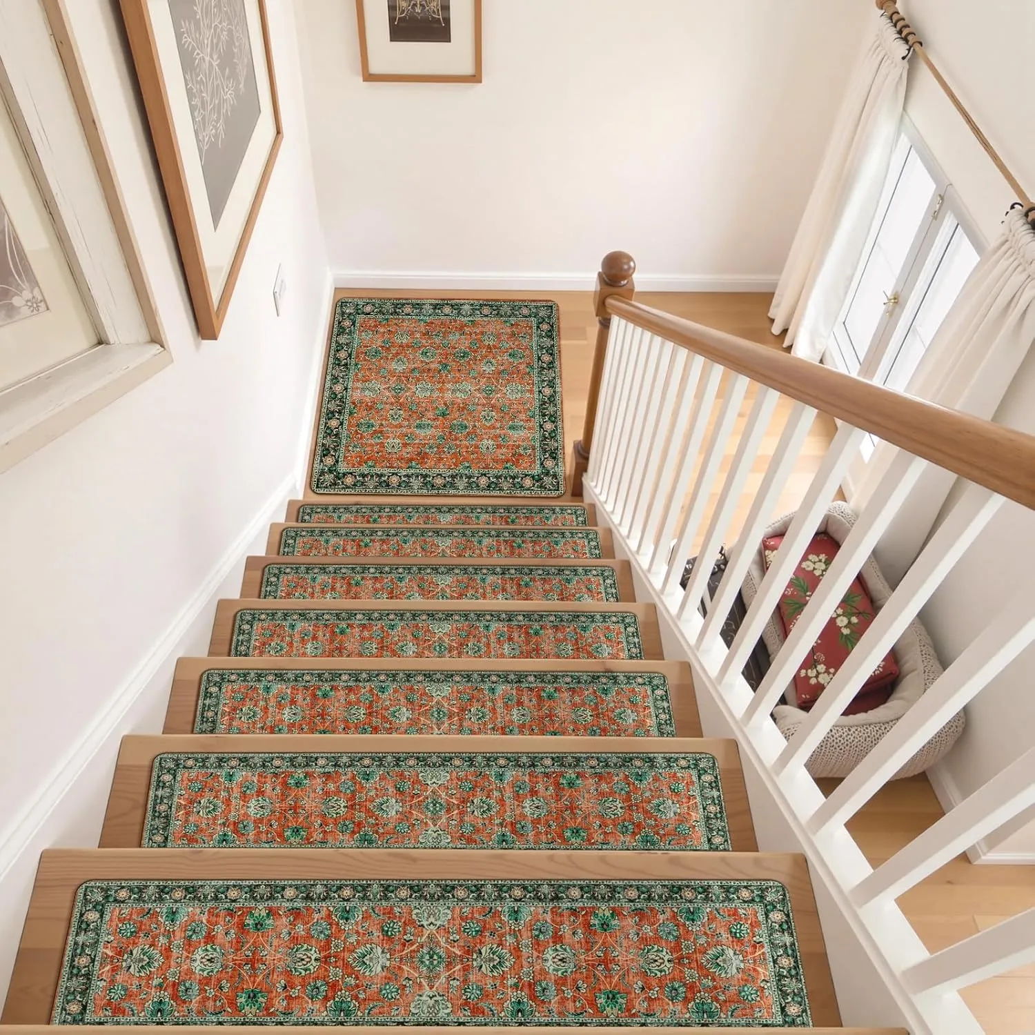 OJIA Stair Treads Non-Slip Matching Mat for Wooden Steps, Square Capet Stair Treads Rubber Backing Stair Runner Anti-Slip Stair Landing Mat 31x31 Inch Stair Rugs