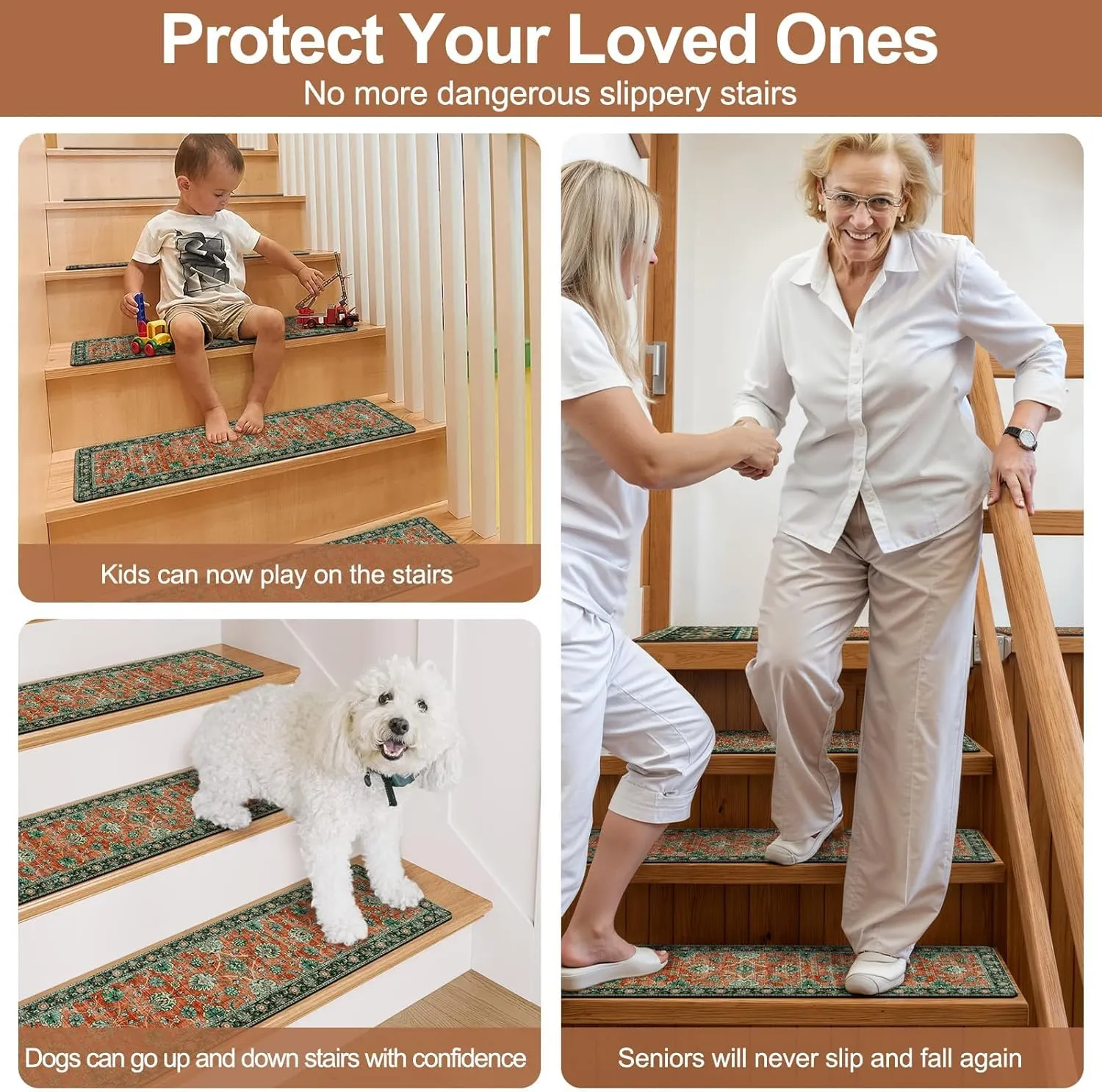 OJIA Stair Treads Non-Slip Matching Mat for Wooden Steps, Square Capet Stair Treads Rubber Backing Stair Runner Anti-Slip Stair Landing Mat 31x31 Inch Stair Rugs