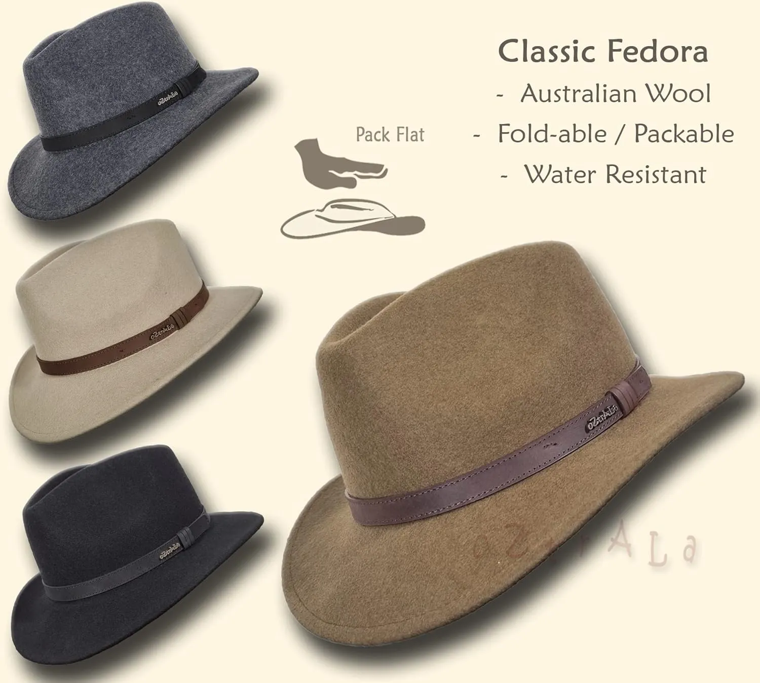 Oztrala】Australian Wool Felt HAT Outback Vintage Classic Fedora Men Leather Band Cowboy HW01 US