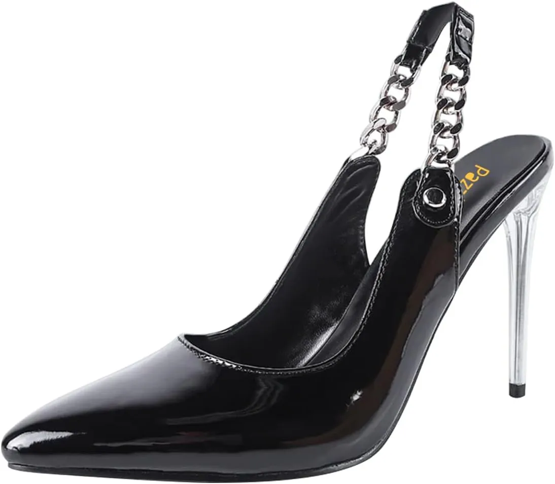 Pazzion Women Pointed Toe High Heel Slingback Pumps Elastic Chain Strap Clear Stiletto Heels Slip On Shoes Daily Outdoor Party Size 4-16 US