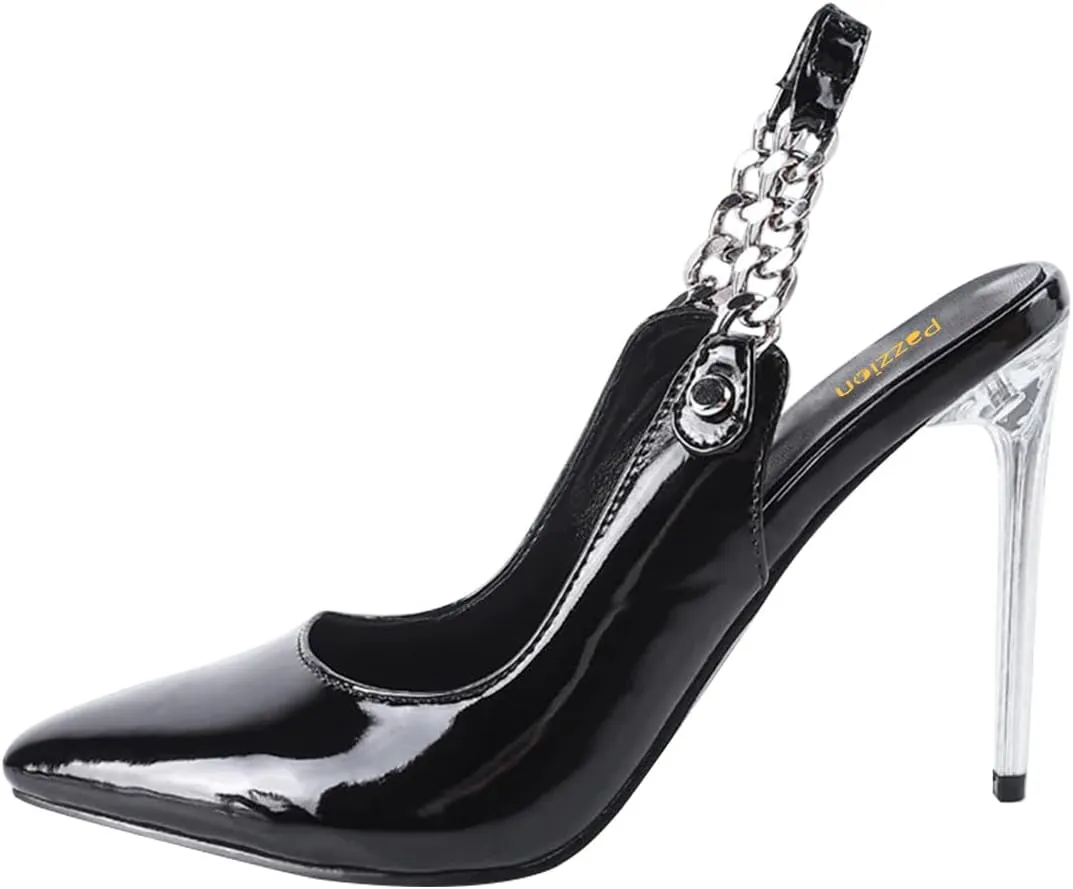 Pazzion Women Pointed Toe High Heel Slingback Pumps Elastic Chain Strap Clear Stiletto Heels Slip On Shoes Daily Outdoor Party Size 4-16 US