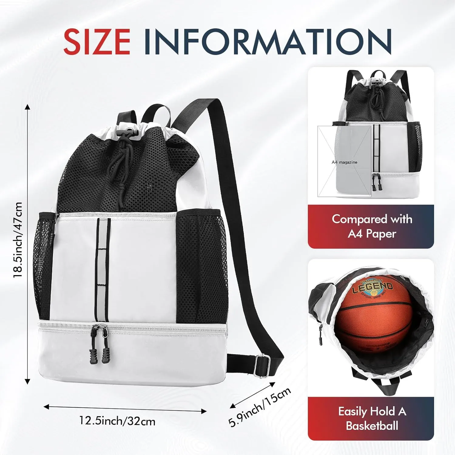 PinCute Drawstring Gym Bag for Men/Women - Mesh Beach Swim Bags Sports Backpack with Wet Pocket&Shoe Compartment, Lightweight