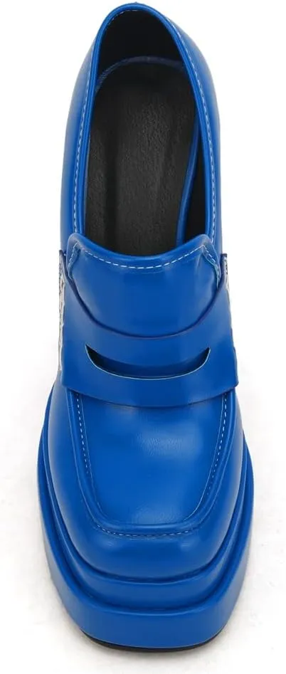 Platform Loafers High Block Heeled Mary Janes for Women Ladies Comfortable Chunky Dress Slip On Square Toe Shoes