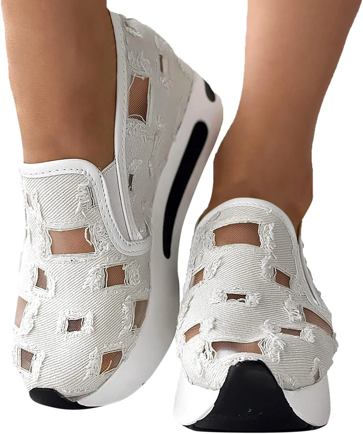 Platform Wedge Sneakers for Women Slip on Loafers Comfortable Thick Soft Shoes Arch Support Walking Work Shoes Breathable Sheer Mesh Lace Fashion Shoe Comfort Sneaker
