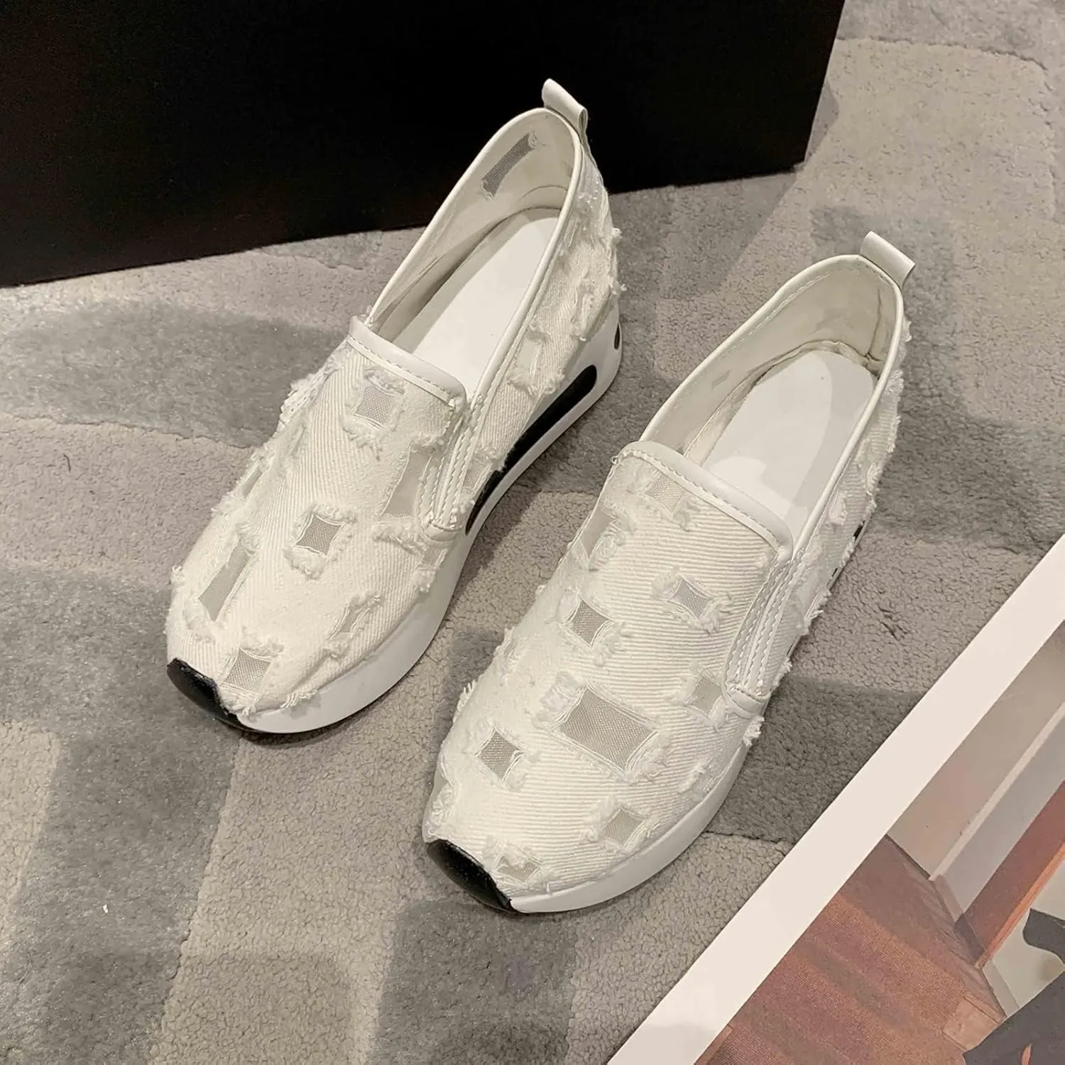 Platform Wedge Sneakers for Women Slip on Loafers Comfortable Thick Soft Shoes Arch Support Walking Work Shoes Breathable Sheer Mesh Lace Fashion Shoe Comfort Sneaker
