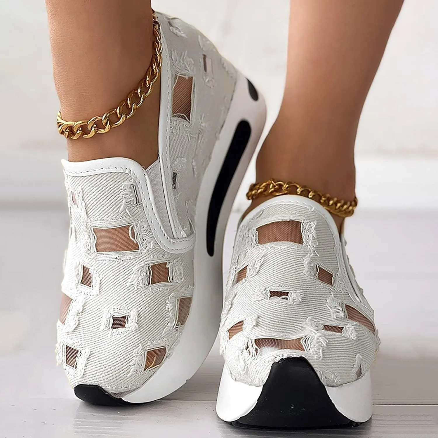Platform Wedge Sneakers for Women Slip on Loafers Comfortable Thick Soft Shoes Arch Support Walking Work Shoes Breathable Sheer Mesh Lace Fashion Shoe Comfort Sneaker
