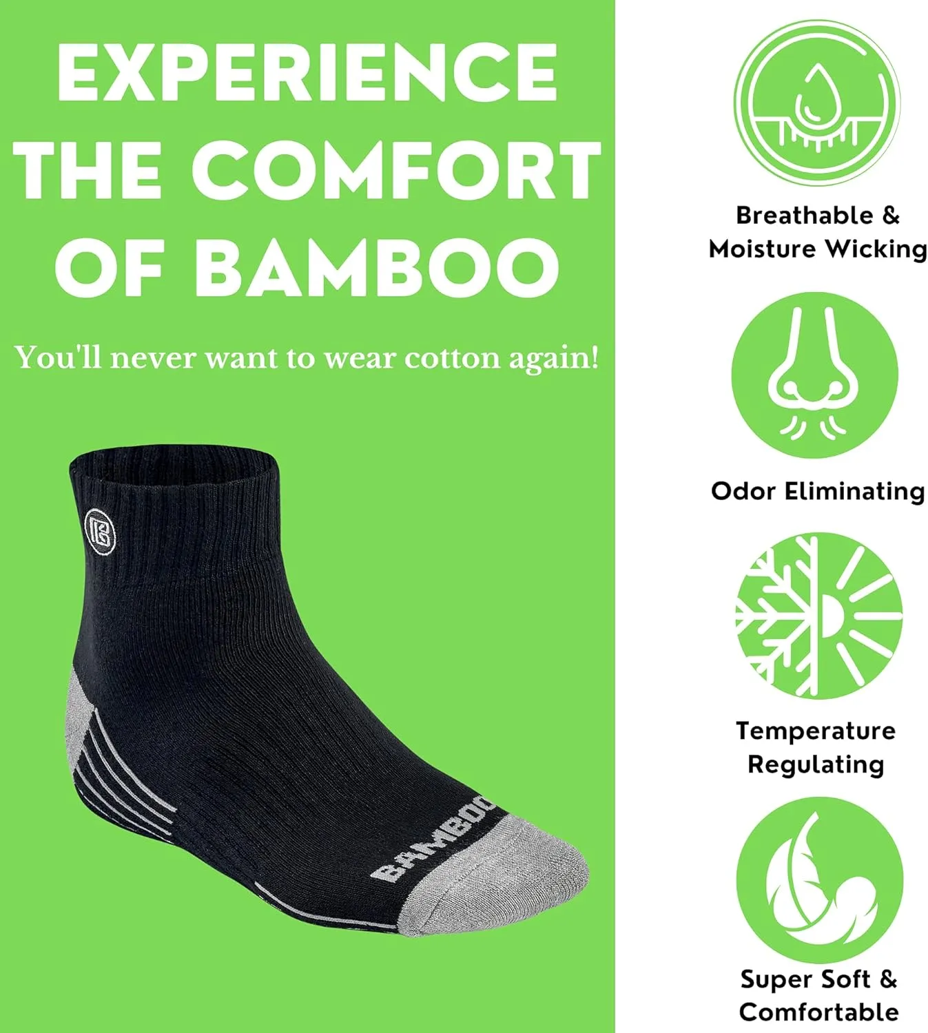 Premium Bamboo Crew Work Socks- Quarter High Moisture Wicking, Odor Eliminating