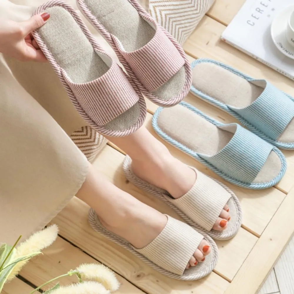 Premium Comfort All Seasons Stripes Linen Cushion Sole Women's House Slippers Indoor Soft Home Slip On Shoes